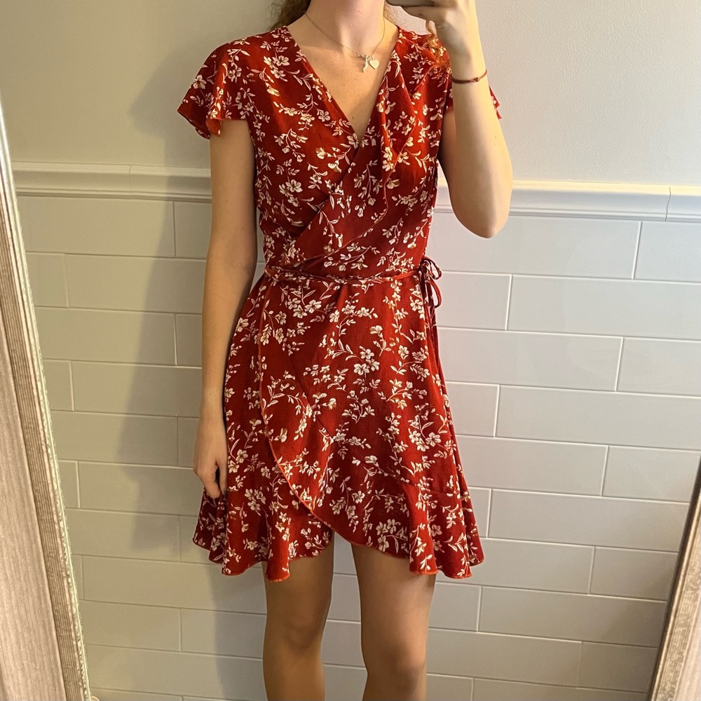 Dark Orange Floral Short Sleeve Wrap Dress
